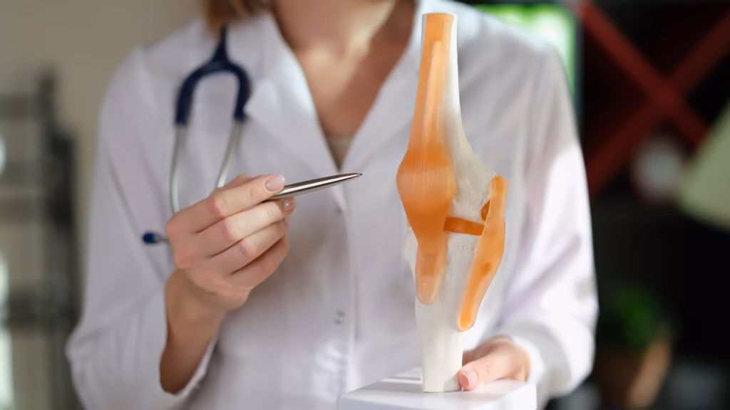 Eine Orthopädin zeigt auf eine anatomische Darstellung des Knies.