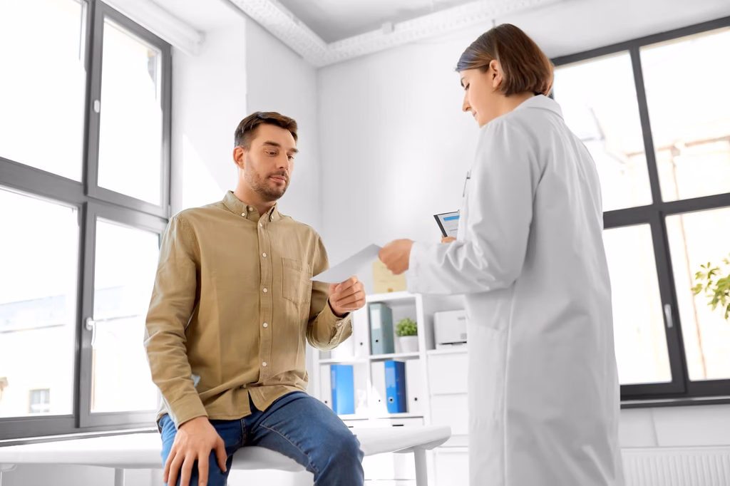 Ein Patient mit Beschwerden erscheint bei einer Ärztin in der Praxis.